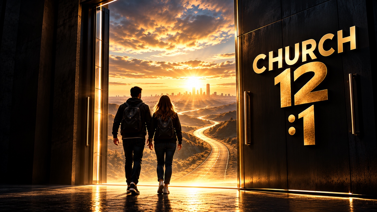 A man and woman walking through a golden doorway toward the sunrise, with CHURCH 12:1 branding on the right.